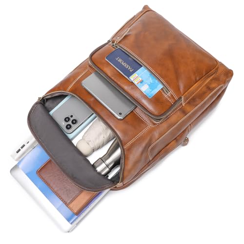 LANNSYNE Vegetable Tanned Leather Backpack For Men, 17" Laptop Backpack, Casual Outdoor Business Travel Rucksack, YKK Zippers - Image 3