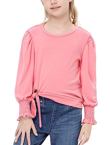 Image of Girls Long Sleeve Crewneck T-Shirt Smocked Sleeve Tie Front Knot Gathered Cuffs Tees Top Blouse for 3-12Y