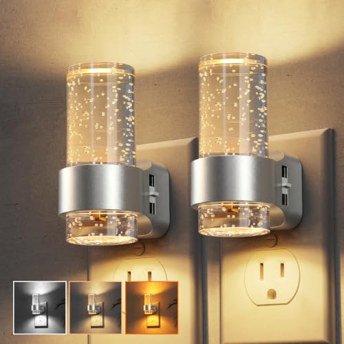 Image of L LOHAS LED Night Lights Plug into Wall, 2 Pack Mini Dimmable Night Light | Dusk-to-Dawn, Soft White /Cool White /Amber 3 Light Color, 0-100LM Adjustable Brightness, Bubble Nightlight for Hallway