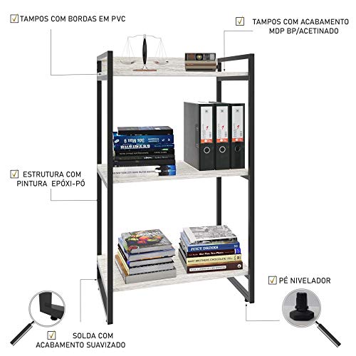 Compace Estante Multiuso 3 Prateleiras 104x60cm Estilo Industrial, SNOW/EST.PRETA, Kuadra