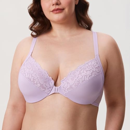 Image of DELIMIRA Women's Front Closure Racerback Bras | Plus Size, Full Coverage, Lace, Underwire, No Padding Unlined