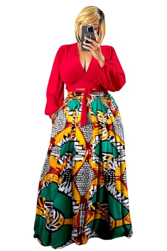 Image of Plus Size Women's 2 Piece Outfits Printed Casual Long Sleeve Wrap Crop Top Maxi Long Dress Flowy Matching Sets