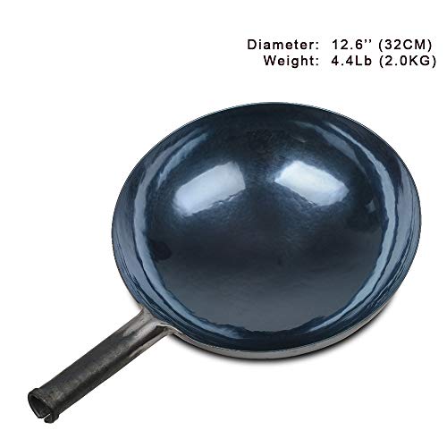 Zhensanhuan Chinese Hand Hammered Iron Woks And Stir Fry Pans, Non-Stick, No Coating, Less Oil, 章丘铁锅，Carbon Steel Pow (Seasoned 32Cm) #TOP5