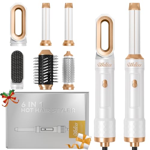 UKLISS Hair Styler 6 in 1, Phon Spazzola Asciugacapelli con Piastra Capelli, Arricciacapelli Automatico, Hair Dryer, Thermal Brush, Spazzola Aria Calda per Donne Ricci, Lisci, Voluminosi - Bianco