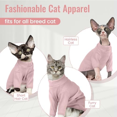 DENTRUN Sphynx Hairless Cats Shirt, Pullover Kitten T-Shirts with Sleeves, Breathable Cat Wear Turtleneck Sweater, Adorable Hairless Cat's Clothes Vest Pajamas Jumpsuit for All Season - 1