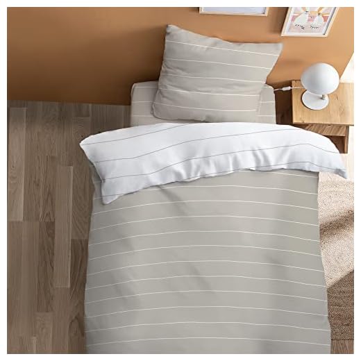 MATT & ROSE Parure de Lit 140x200 cm Stripes Imprimée Réversible | 100% Coton | Oeko-TEX | Housse de Couette 140x200 cm + 1 Taie d'oreiller 65x65 cm | Grège