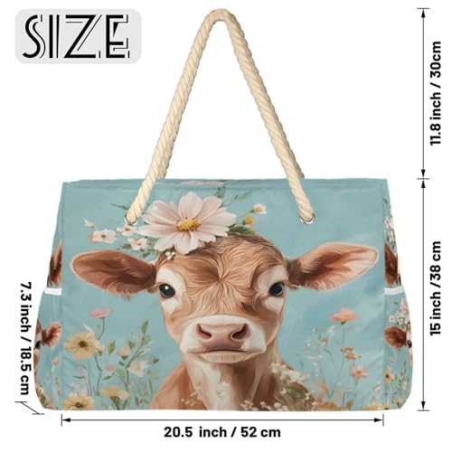 Cow Large Tote Beach Bags for Women with Zipper Bull Waterproof Sandproof Gym Swim Pool Grocery Travel Bag2