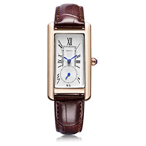 Women Quartz Watch Lady Stylish Rectangle Dress Watch with Leather Strap and Sapphire Crown, Rose Brown, Quartz Watch Cover