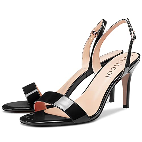 Aachcol Women Stiletto Mid High Heel Sandals Backstrap Ankle Strap Slingback Round Peep Open Toe Dress Shoes Office Party Wedding Patent 3 Inch4