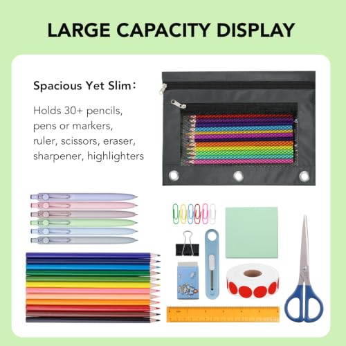 Image of Pencil Pouch for 3 Ring Binder, Heavy Duty Canvas Dual Zipper Pen Bag with Clear Window, Smooth Metal Zipper, Fit Standard 3-Ring Binders for School Office Travel Supplies (Dark Grey)