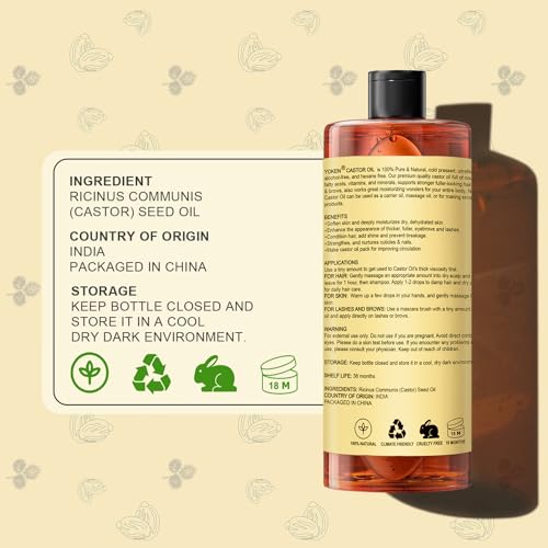 Yoken Pure Castor Oil 32 fl oz EWG Verified 100% Natural Castor oil Cold Pressed for Hair, Face, Body, Eyebrow & Eyelash, Hexane Free, Virgin, Unrefined, for Organic Castor Oil Pack Skin Moisturizer - Thumbnail 7