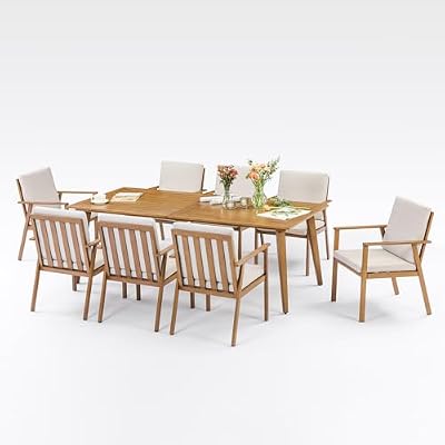 SEEHILL 9 Pieces Patio Dining Set for 8, Outdoor Aluminum Dining Furniture Set with Umbrella Hole, Modern All-Weather Outdoor Patio Table Sets with 8 Chairs and Table for Deck Garden Poolside, Teak