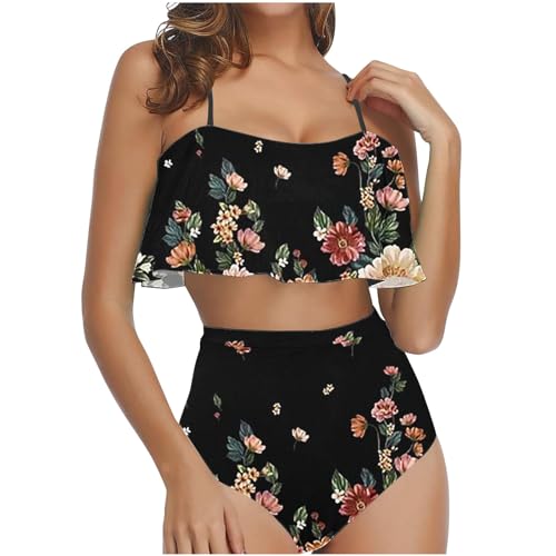 Trajes de baño para mujer, 2 piezas, con volantes, cintura alta, trajes de baño para mujer, conjuntos de bikini con estampado floral, control de abdomen, ropa de playa, monokini para mujer, traje de