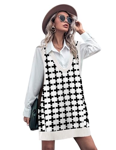 Image of HOTOUCH Women Sweater Vest Oversized V Neck Sleeveless Knit Pullover Ribbed Vest Dress with Pockets