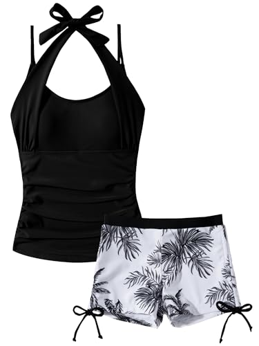 Happy Cherry Girls Two Piece Summer Swimsuits for Junior Cute Drawstring Tankini Set Vest Top with Swim Shorts Tropical Printed Beach Swimming Suits Trendy Halter Neck Swimwear Black 13-14 Years