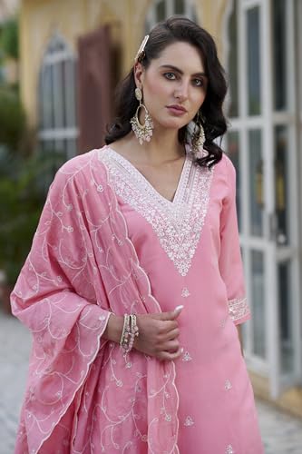 Image of VredeVogel Women's Silk Blend Kurta Pant Set with Chanderi Embroidery Work Dupatta