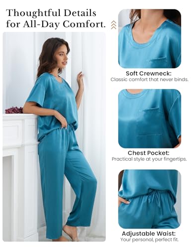 Image of THXSILK Mulberry Silk Womens Pajama Set with Pocket, 2 Piece Lounge Sets for Women, Short Sleeve Sleepwear