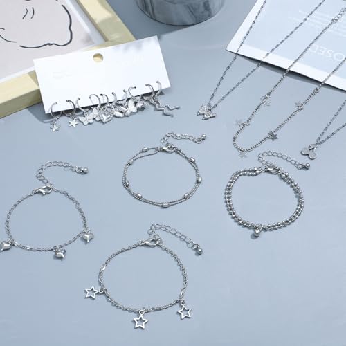 NEWITIN 45 Pieces Silver Jewelry Set for Women Party Costume Punk Jewelry Set Goth Grunge Y2k Accessories Vintage Gothic Necklaces Bracelets Earrings Rings for Women Men - Image 3