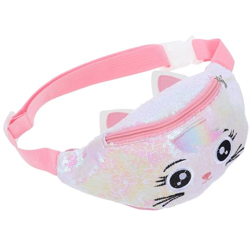 SOLUSTRE Riñonera para Niñas con Bordado de Gato, Bolso Bandolera Brillante con Purpurina, Ajustable para Cintura y Hombro, Bolso Infantil Color Rosa con Lentejuelas para Escuela