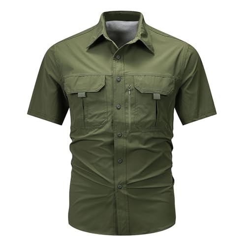 Duohropke Safari UPF50+ - Camicia da uomo a maniche corte estiva per il tempo libero, protezione UV, con bottoni, bottoni, per caccia, mimetica, da combattimento, ad asciugatura rapida, Verde militare