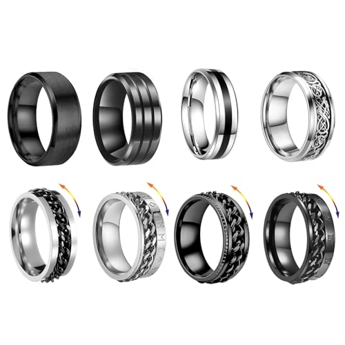 XSDSLS 8 Pcs Bague Hommes Acier Inoxydable Bague Argent Noir Tournante Chaîne Rock Bague Mariage Promise Bande Anneau Taille Homme 52/54/57/60/62/65/67 (8)