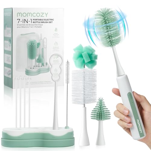 Image of Momcozy 7 in 1 Electric Bottle Brush Kit, Portable Cleaning Set with Formula Mixer, Silicone Brush, Nipple Brush, Straw Brush, Soap Dispenser, Drying Rack - Long Battery Life for Home & Travel