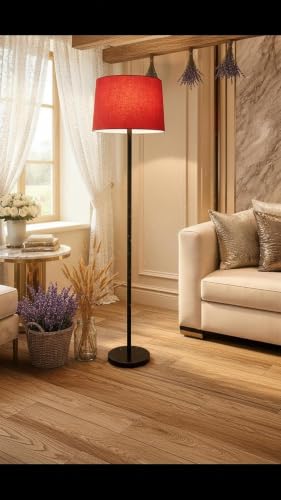Image of Modern Floor Lamp with Fabric Shade, Metal Base, (Red)