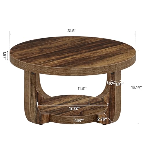 Tribesigns Round Coffee Table, mesa circular de 2 niveles con almacenamiento, mesa central moderna de madera para sala de estar, tablero y base gruesos, Dark Brown