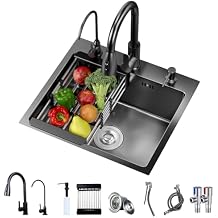 Black Drop In Kitchen Sink, 20 Inch Gunmetal Black Stainless Steel Topmount Kitchen Sink, Top Mount Stainless Steel Single Bowl Deep Small Workstation Sinks Black