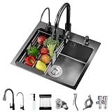 2026 Kitchen Sink Single Bowl Farmhouse Utility Sinks Three Hole Black Stainless Steel Sink With Cup Washer, Soap Dispenser, Faucet...
