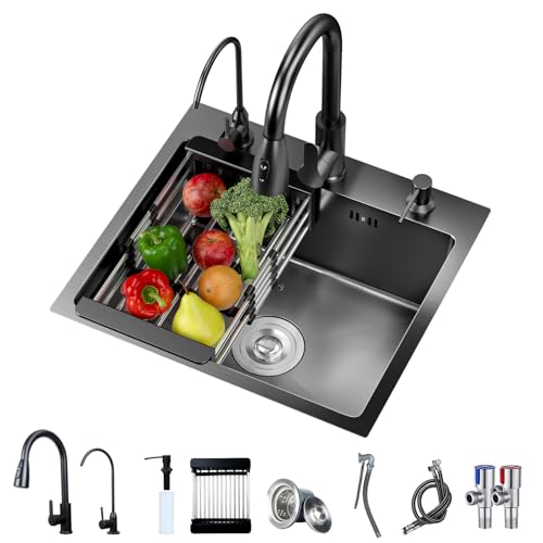 2026 Kitchen Sink Single Bowl Farmhouse Utility Sinks Three Hole Black Stainless Steel Sink With Cup Washer, Soap Dispenser, Faucet, Drainage Kit For Bar, Kitchen, Balcony (19.7 * 17.73in)