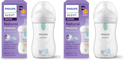 Philips Avent Biberon à Réponse Naturelle de 260 ml avec valve AirFree, sans BPA pour les bébés de 1 mois et +, motif éléphant (modèle SCY673/81) (Lot de 2)
