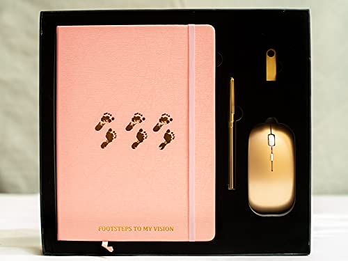 Footsteps to My Vision Pink Notebook Set – Deluxe Leather Journal with Pen Set – Includes 8GB USB Flashdrive, Wireless Mouse – Leather Planner for Men and Women – Create Action Plan, Smart Goals