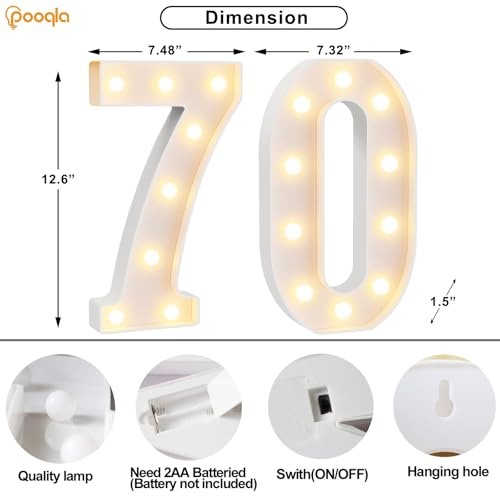 Image of Pooqla 70th Birthday Decorations for Women Men, Large 12.6 in Tall Light Up Numbers for Party Decorations Table Decor, Big Marquee Numbers 70th Birthday Gift for Women Men Wedding Anniversary Decor