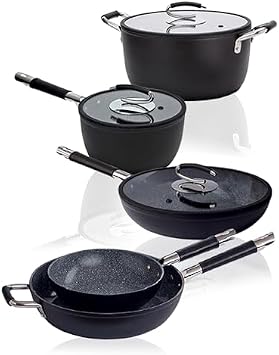 DaTerra Cucina Nonstick Dinner Party Cookware Set 2.6 Qt Saucepan with Lid, 9.5" & 13" Frying Pans, 13" Wok with Lid, 8 Qt Dutch Oven with Lid Induction Compatible, Ceramic Coating, Made in Italy