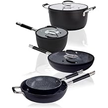 DaTerra Cucina Nonstick Dinner Party Cookware Set 2.6 Qt Saucepan with Lid, 9.5" & 13" Frying Pans, 13" Wok with Lid, 8 Qt Dutch Oven with Lid Induction Compatible, Ceramic Coating, Made in Italy