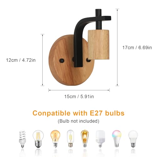 Pheashine Wall Lights Indoor 2 Pack, Vintage Wood Wall Sconces Lights, E27 Industrial Black Wall Lamp for Hallway Living Room - Image 2