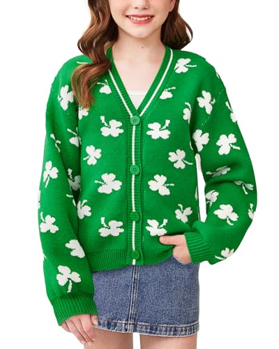 La Mejor Lista de Cárdigans para Niña los más solicitados. 50 IIMMER - Cárdigan de punto para niñas de San Valentín con botones en V, diseño de corazón y cuello en V, de San Patricio, de 6 a 14 años, Verde | Clover, 8 Años