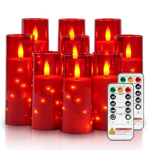 Raycare flameless candle with remote timer, 9 flickering acrylic LED pillar candles (red)