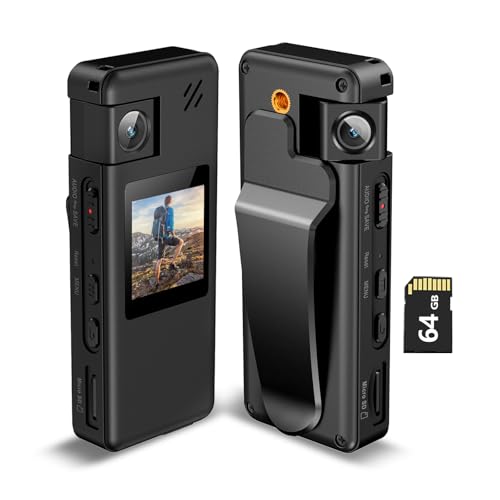 Hoestr A32 64GB Caméra de Corps, Caméra Corporelle Portable avec Objectif Rotatif 180° et Détection de Mouvement, Caméscope 1080P avec Enregistrement...