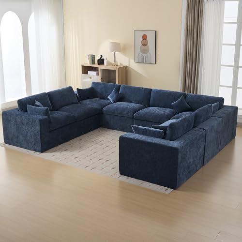 Image of 146''Cloud Boneless Sectional Couch, Modular Sectional Sofa Deep Seat, Oversized Upholstered Convertible Comfy 8 Seater Chenille Memory Foam Sofa U Shape Couches for Living Room, Navy