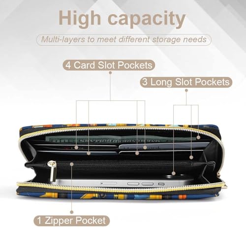 Girl's Long PU Wallet, Travel Purse Fashion Design, Huge Storage Capacity Purse, Cute Decor Zipper Wallet Construction Bulldozer Excavator Navy Blue4