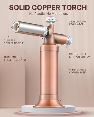 Ravs Butane Torch Lighter Pure Copper, Pink Kitchen Torch with Safety Lock, Dual Flame Mode Creme Brulee Torch with Adjustable Flame, Blow Torch for Cooking, Gifts For Women & Men, Butane Not Included