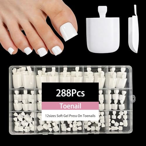 Jsiallye 288Pcs Press on Toenails For Women White Fake Toe Nails For Girl Fake Toenails Press on Nails Short Square Acrylic Toe Nail Tips Glue on Toenails False Artificial Toe Nails Press ons