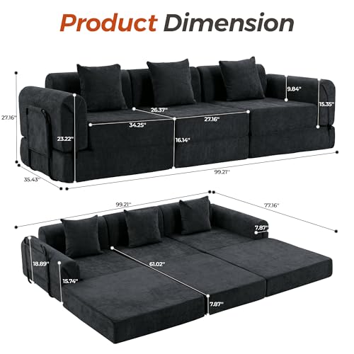 Image of 100 inch Oversized Convertible Sleeper Sofa Bed, Modular Sectional Cloud Sofa with Fixed-Shape Frame & Tabletop, Boneless Couch with Storage Pocket for Living Room, No Assembly Required, Black