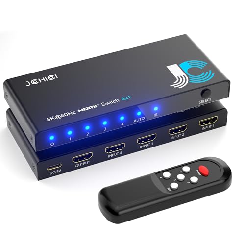 HDMI 2.1 Switch 4 in 1 Out 8K@60Hz 4K@120Hz, 4 Ports HDMI Switcher Splitter Selector with Remote...