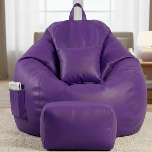 Image of KAM'S LIEU 5XL Luxury Faux Leather Bean Bag with Footrest & Cushion | Pre-Filled High-Density Polystyrene Beans | Premium Leatherette | 6 Months Warranty Color- (Purple, with Footrest)