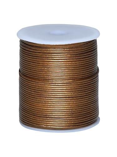 Cords Essentials Round Genuine Leather String Cord, Rope for Jewelry Making, Necklaces, Bracelets, Kumihimo Braiding, Wraps, Crafts and Hobby Projects (Metallic Kansa, 1.5 MM)