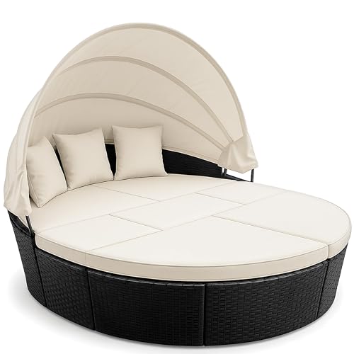 Casaria® Sonnenliege Sonneninsel 226cm XXL Wetterfest mit verstellbaren Dach & 3 Kissen Gartenliege Relaxliege Gartenmöbel Set Outdoor Polyrattan