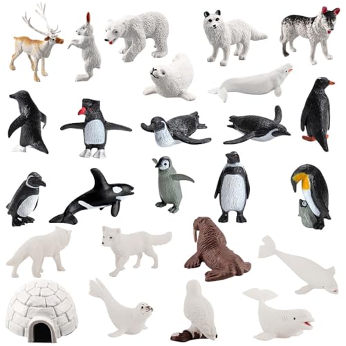 DAJASD 26 Stück Arktis Antarktis Ozean Meer Tierfiguren, Polar Spielfiguren mit Iglu Modell, Mini Kunststoff Polar Tier Figur, Pinguin,Eisbär,Robbe,Schneeeule,zum Geburtstag Kuchen Topper